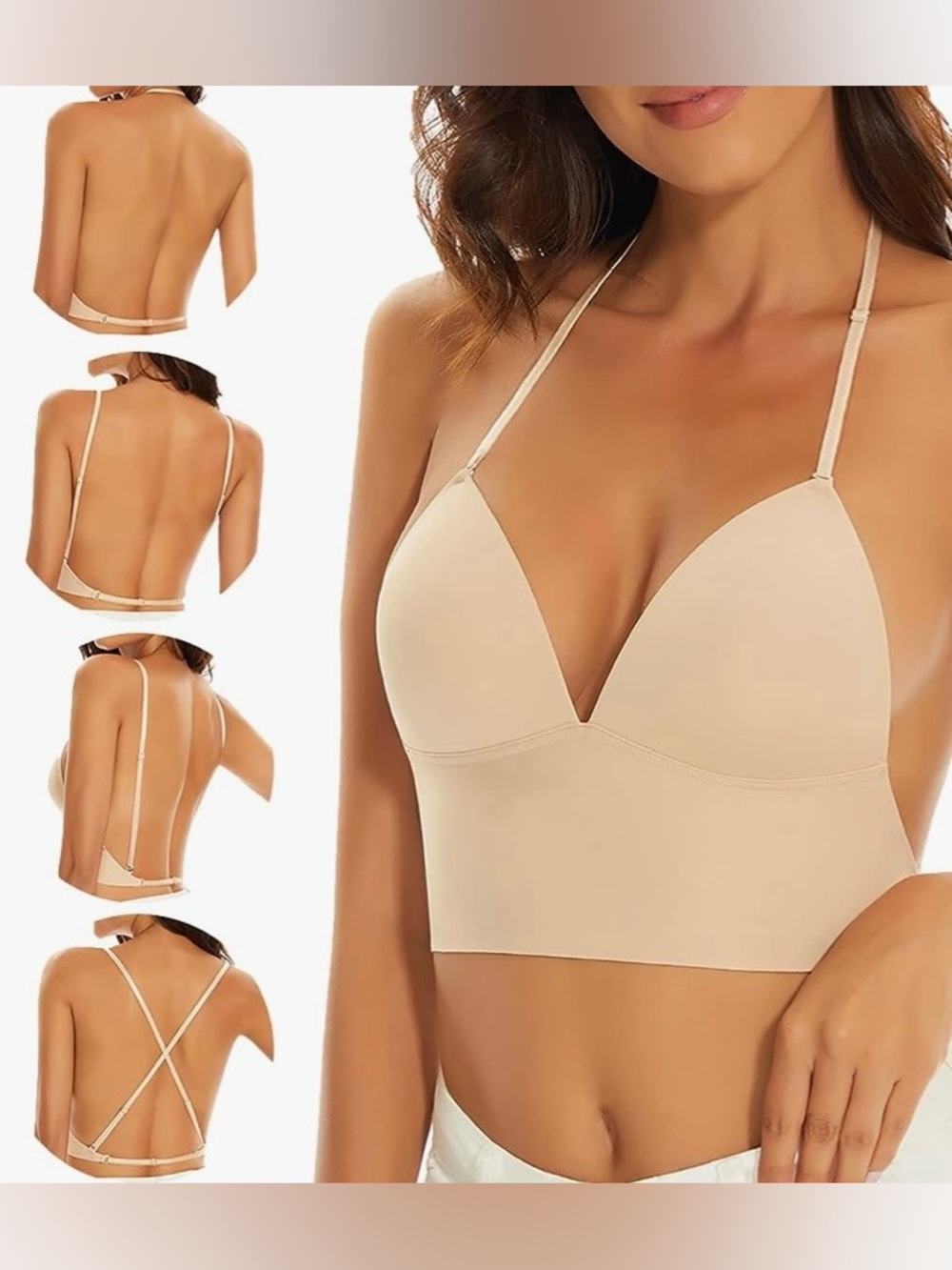 NWT Mitivoway Deep V Low Back Bra Nude 36C XL Convertible
Halter Wireless